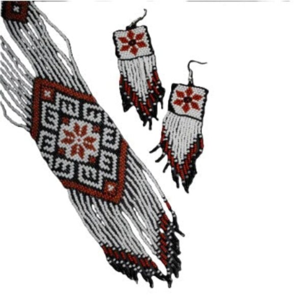 Handmade Beaded Jewelry Set – Boho Necklace & Earrings Maroon - Picture 2 of 2